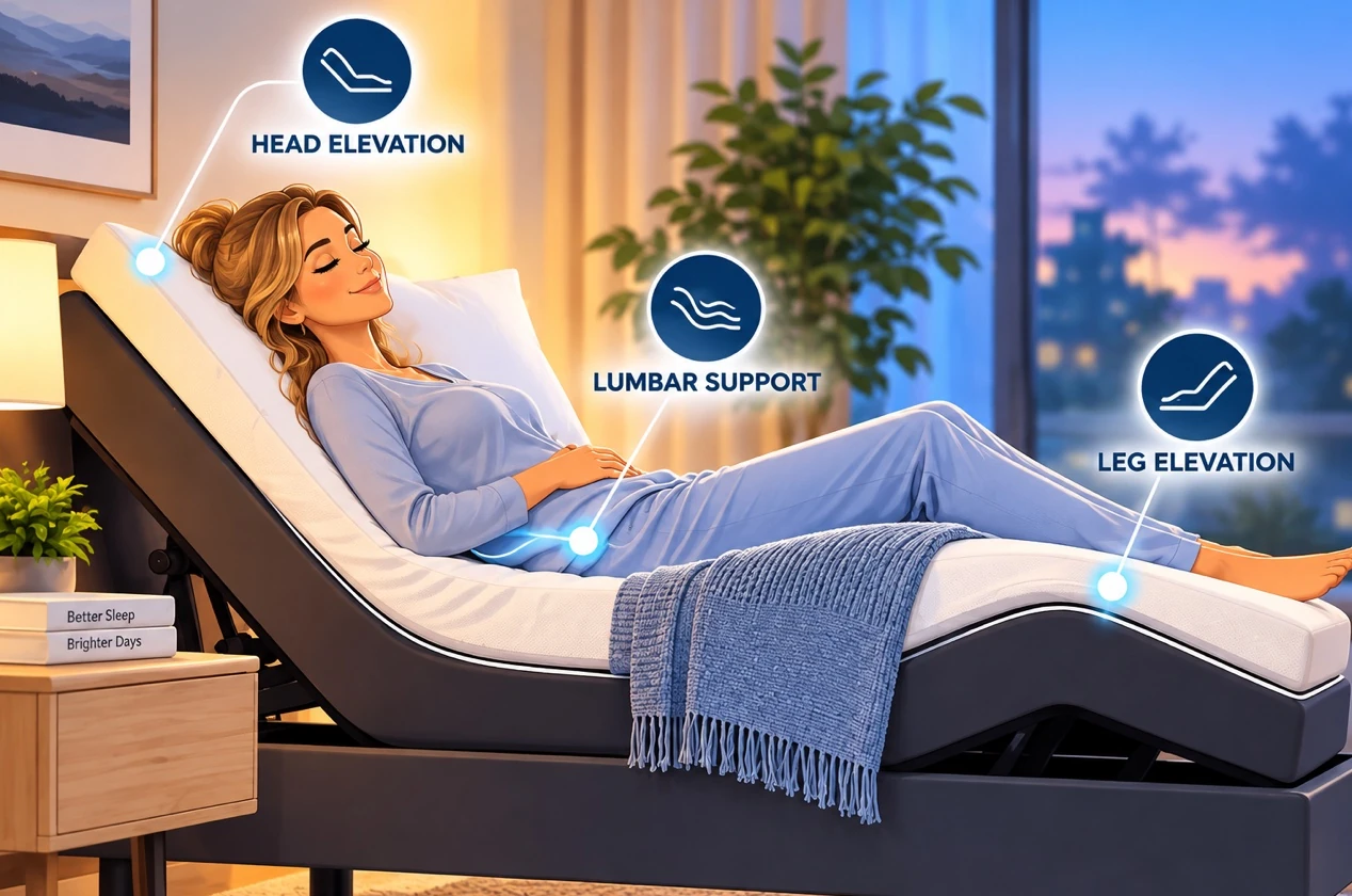Cartoon of a smiling woman relaxing on an adjustable base showing head elevation, lumbar support, and leg elevation
