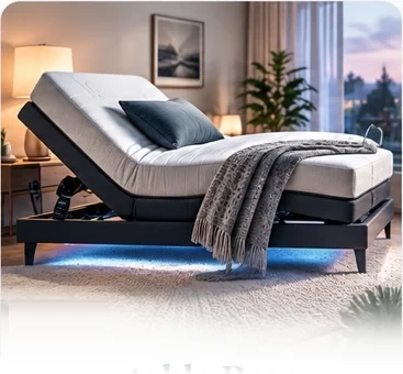 Adjustable bed with raised head section in a cozy bedroom