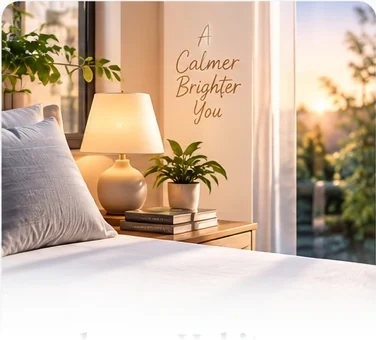 Calm bedside with a lamp, books, and a plant by the window