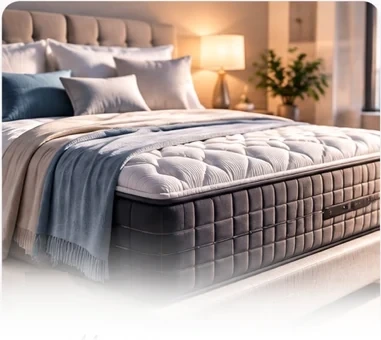 Mattress with pillows and a blue throw in a warm bedroom