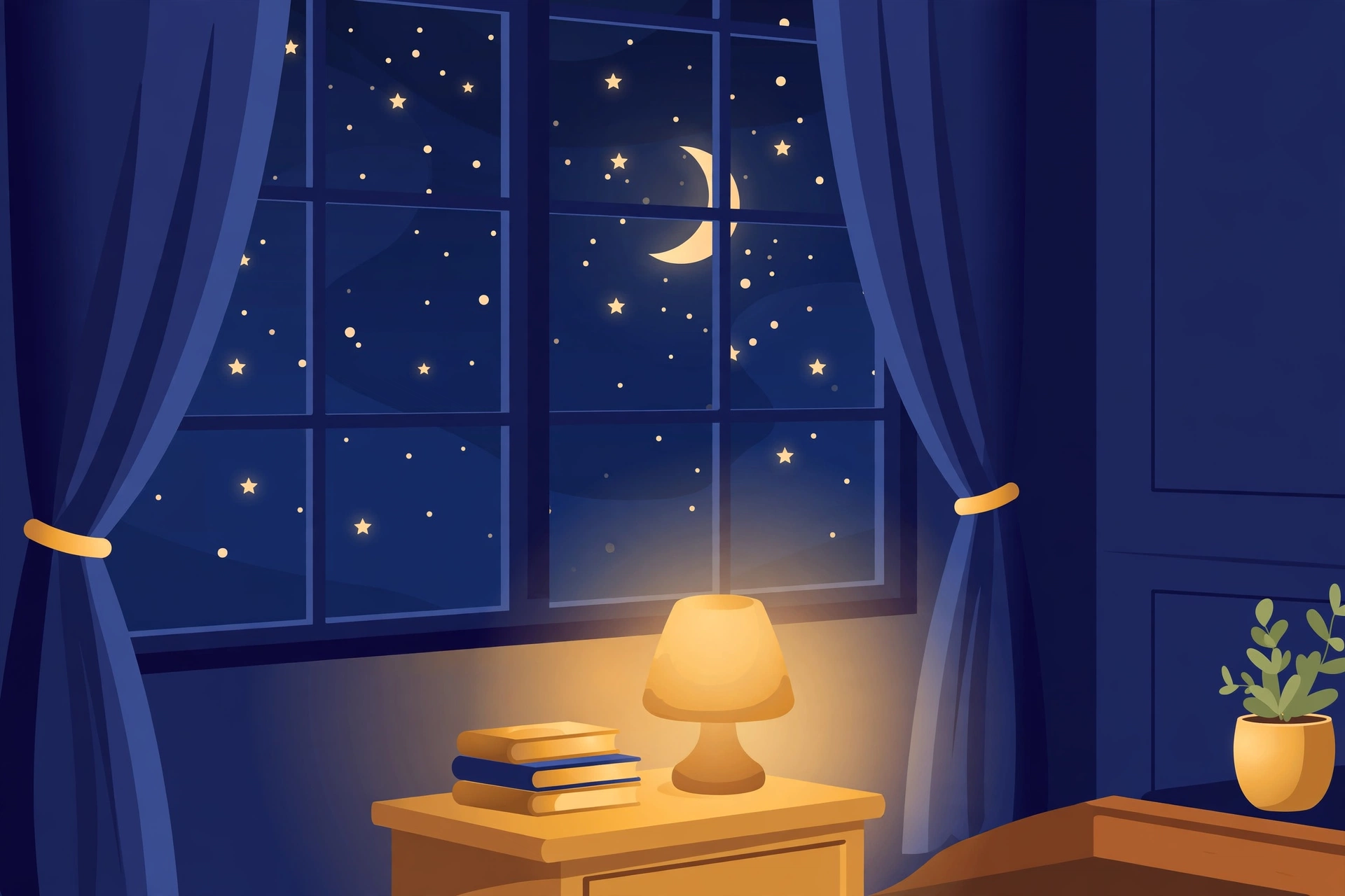 Moonlit bedroom window with books on the nightstand