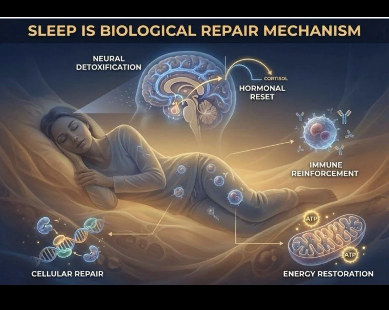 Illustration of how sleep supports the body: neural detoxification, hormonal reset, immune reinforcement, cellular repair, and energy restoration